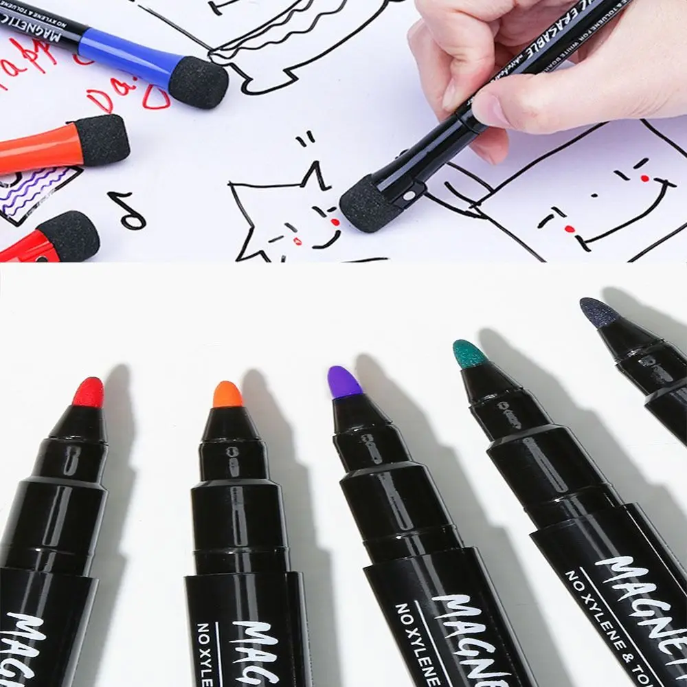 

8pcs Drawing Colorful Whiteboard Markers Sponge Head Erasable Water Color Pens Multifunction Portable Magnetic Marker Pens
