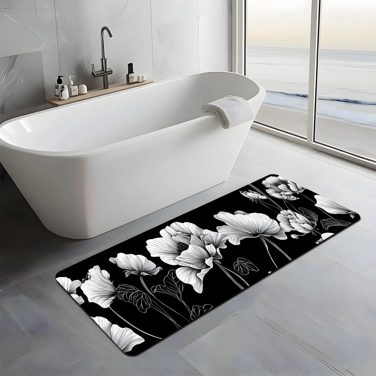 Minimalist Black White Floral Line Art Diatom Mud Kitchen Mat, Super Absorbent Quick-Dry Non-Slip Stain Resistant Long Floor Mat