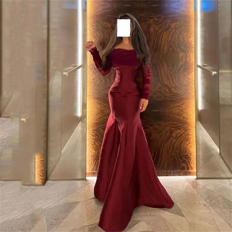 

SugoWeddingparty Elegent Red Mermaid Evening Gowns Boat Neck Ruched Floor-Length A-Line Saudi Arabia Formal Occasion Dress