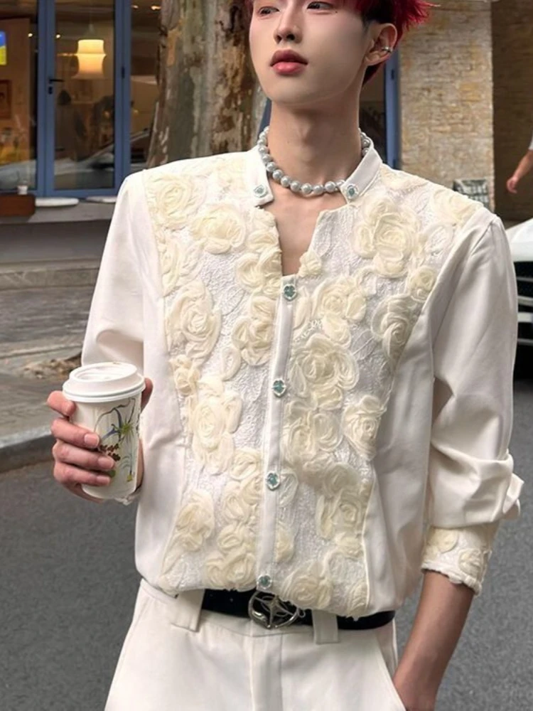 Men's Baroque 3D Rose Lace Shirt Spring Autumn Elegant Long Sleeve Mandarin Collar Dress Shirt Lace Patchwork Top