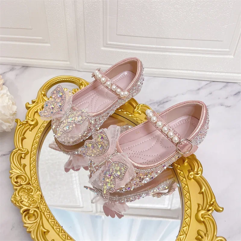 

Новинка 2023 года, женские туфли с квадратным носком, блестящие туфли принцессы с узлом-бабочкой и водными бриллиантами для девочек, розовые маленькие кожаные туфли
