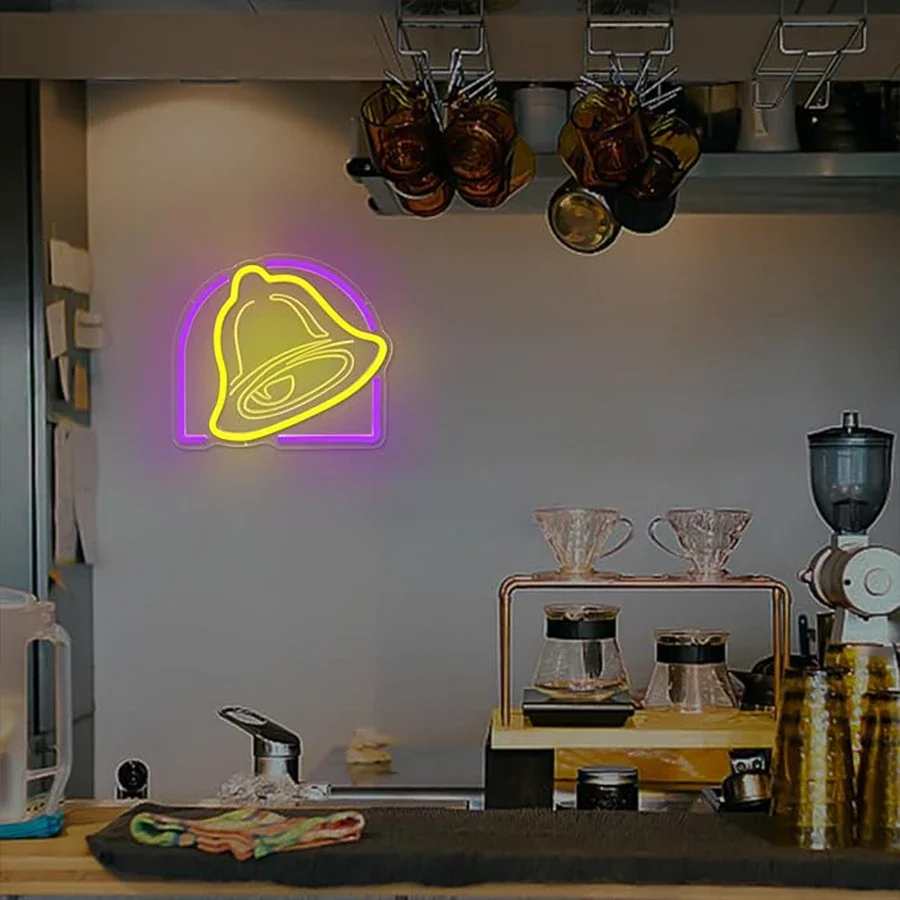 Luces de neón Taco Bell, luces nocturnas con logotipo LED de campana amarilla, utilizadas para decoraciones para amantes de tortillas, bares, restaurantes, carteles comerciales