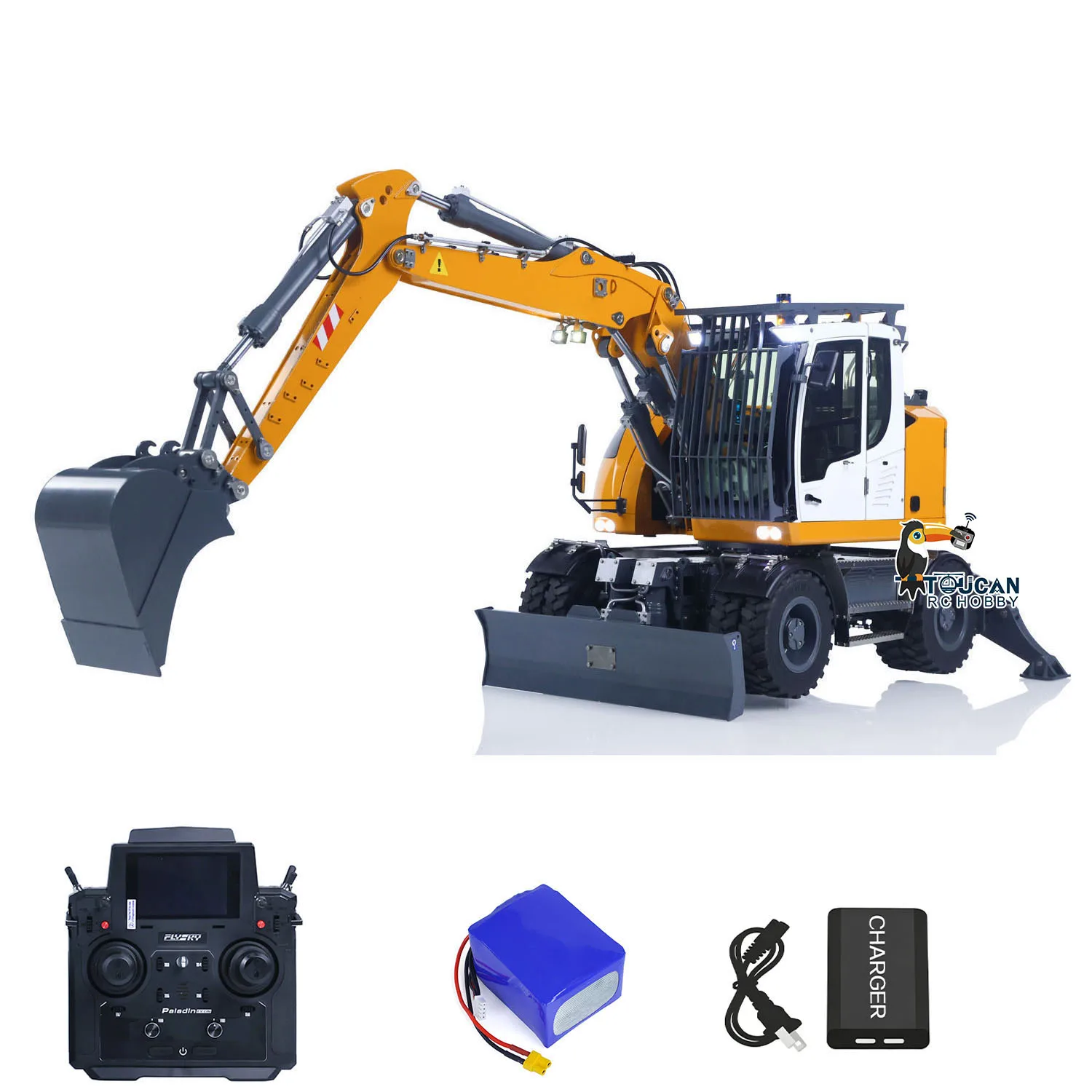 1:14 Metal RC Hydraulic Wheeled Excavator LR914 Radio Control Digger Model Front Axle Lock Flysky PL18EV Lite Lights Vehicle Car