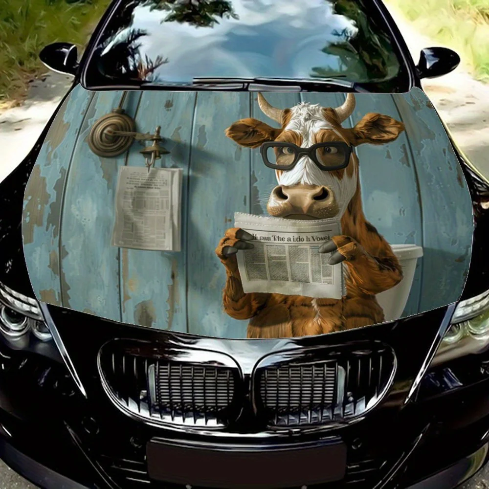 

Cow Reading New Knowledge: Fun Moments Against a Wooden Wall Background; Car Vinyl Wraps, Vinyl Car Hood Graphics, Packaging Dec