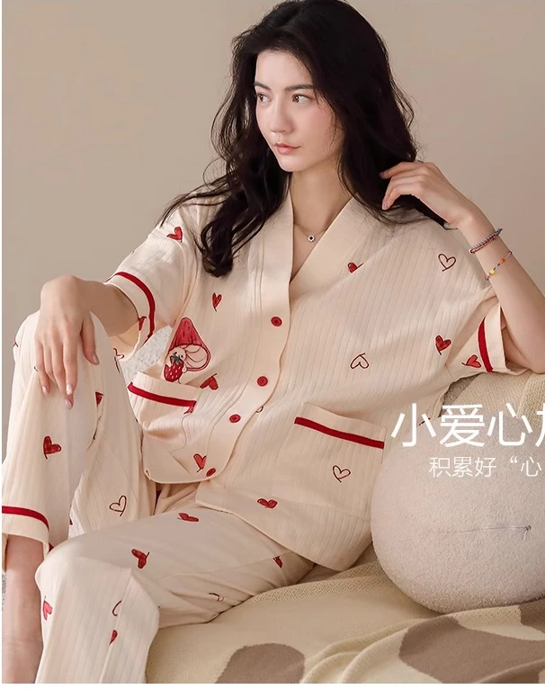 2025 Girl Summer Cotton Sweet Heart Shape Print V-neck Short Sleeve Cardigan Pajamas Set New Pants Loose Thin Simple Loungewear