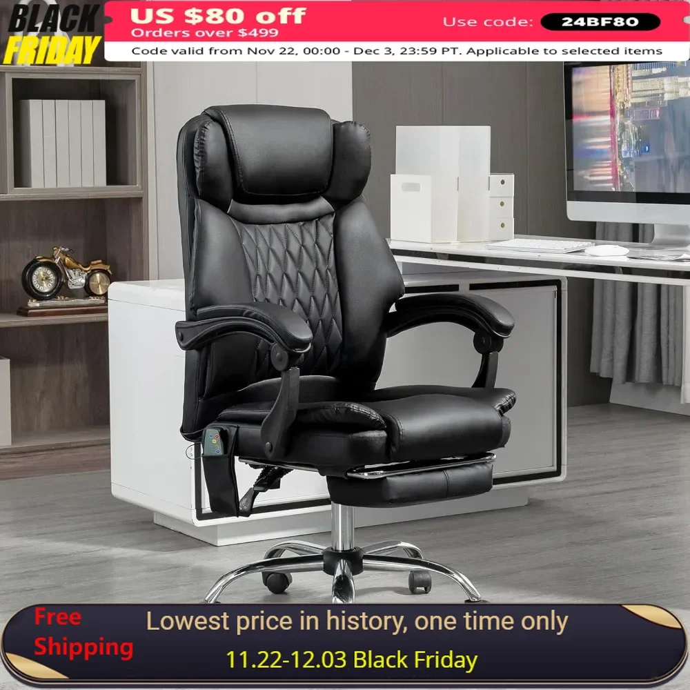 Office Chair, Ergonomic Design, with Massage Heater, Reclining Massage, with Footstool, Height Adjustable, Swivel Task Chair