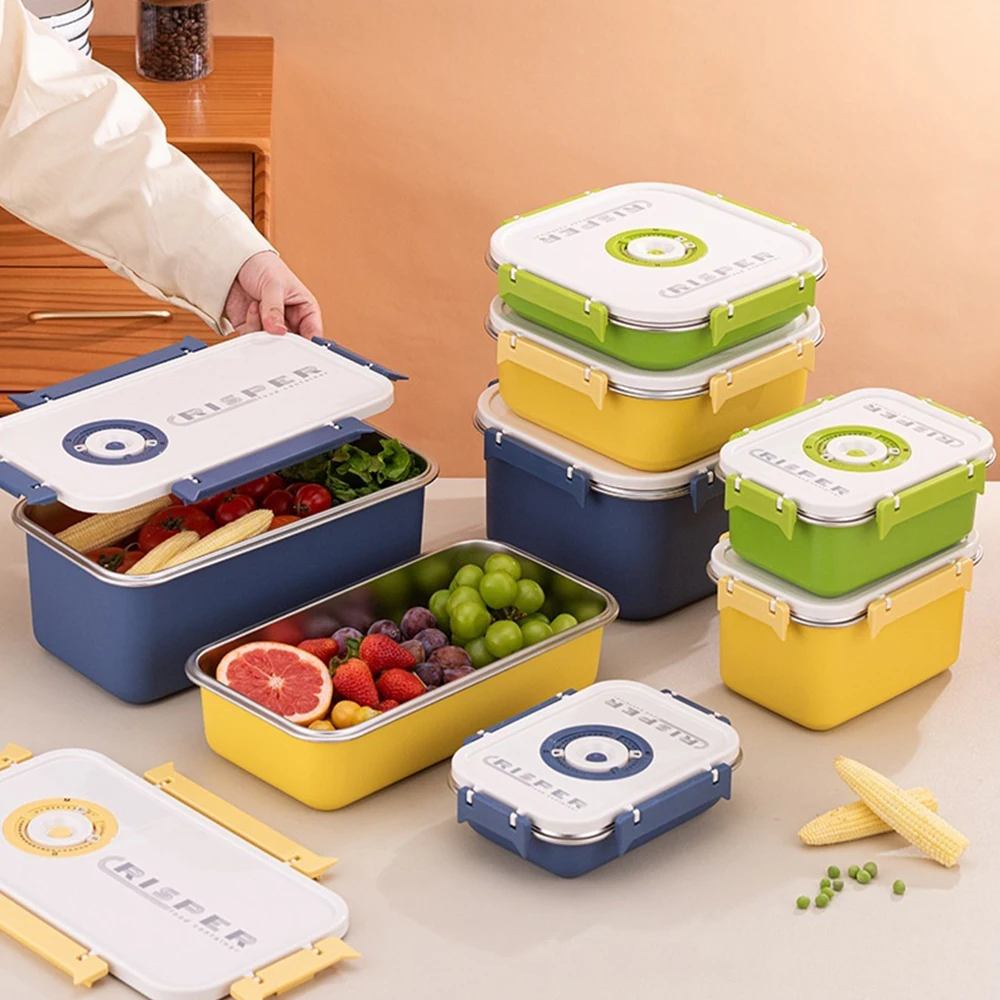 Large Capacity Food Storage Container 3pcs Set Stainless Steel Vacuum Storage Box Leak-Proof Fresh-Keeping for Outdoor Picnics