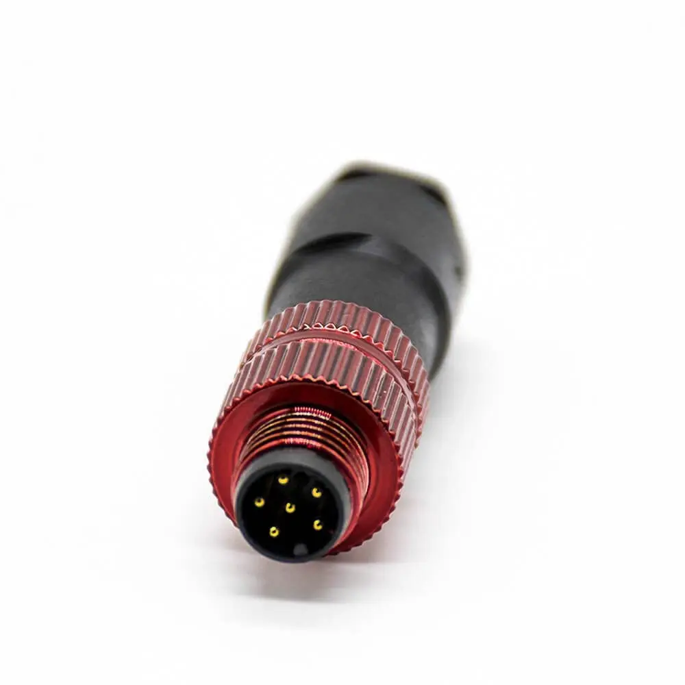 M8 Male 6-pin B Code Plug Solder Type Female Socket Front Mount Straight Red Wine Unshielded