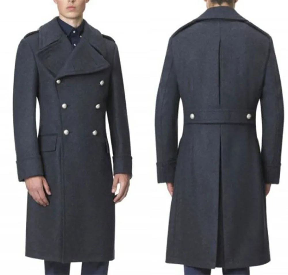 Klassieke donkergrijze wolmix herenoverjassen Aangepaste warme trenchcoats Grote revers Double Breasted Formele bruidegomkleding uit één stuk