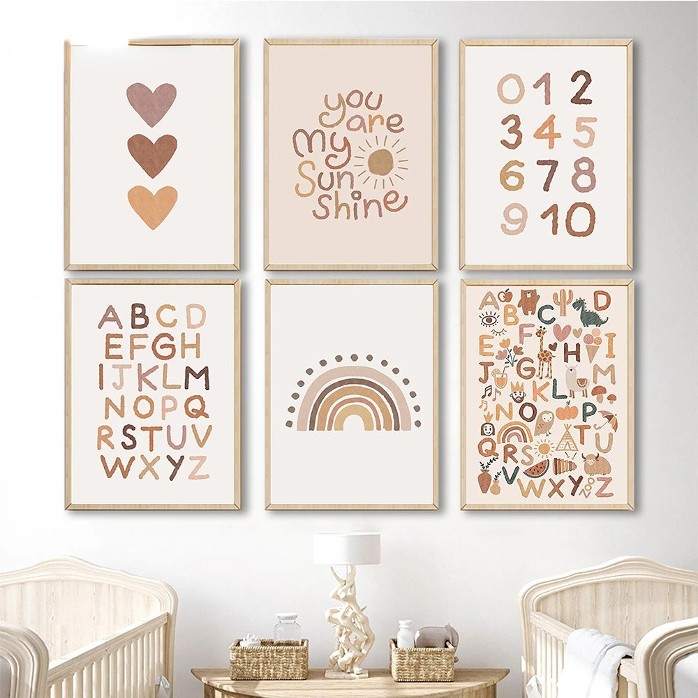 ABC Poster Boho Wall Art Prints Heart Rainbow Nursery Posters Alphabet Art Painting Nordic Wall Pictures Girl Room Decoration