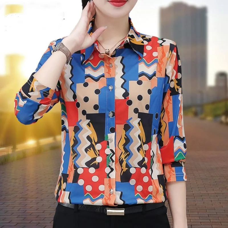 Spring and Autumn Women's Polo Collar Single Breasted Leopard Pattern Dot Geometry Contrast Color Long Sleeve Cardigan Tops