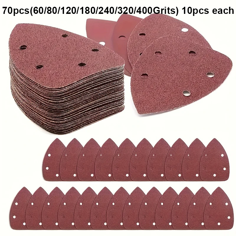 

70pcs triangular 5-hole polishing machine sandpaper, 7 different particle sizes (60-400Grits) for surface polishing and grinding