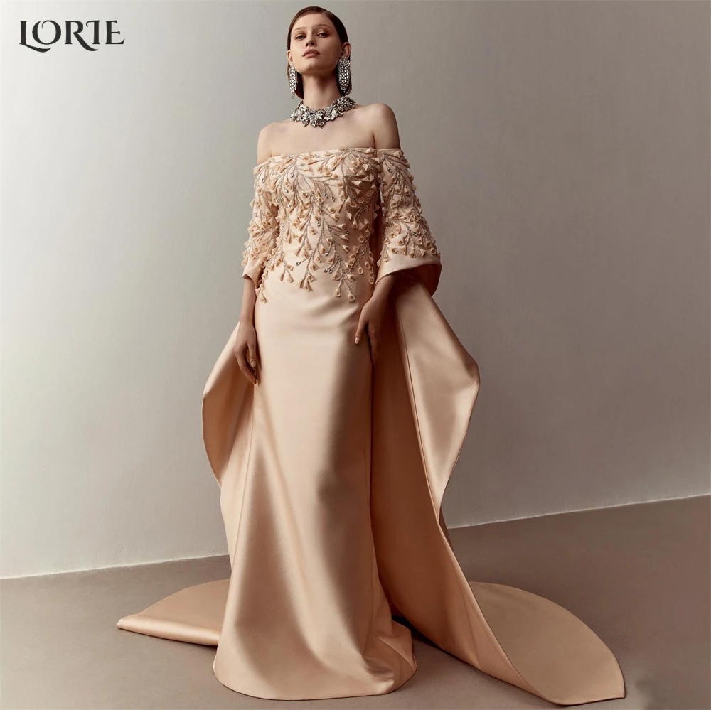 

LORIE Luxury Lace Champagne Formal Evening Dresses Mermaid Backless Off Shoulder Angel Sleeves Shiny Bohemia Pageant Party Gowns