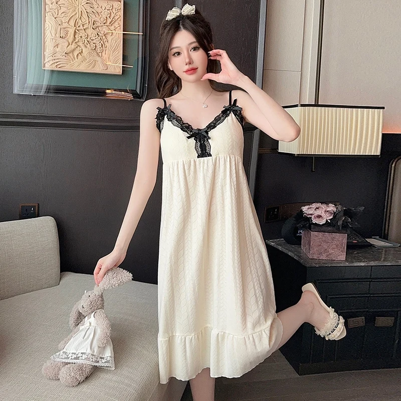 2024 Summer Sexy Lingerie Spaghetti Strap Cotton Nightgowns for Women Cute Lace Bow Sleepwear Night Dress Nightdress Home Nighty