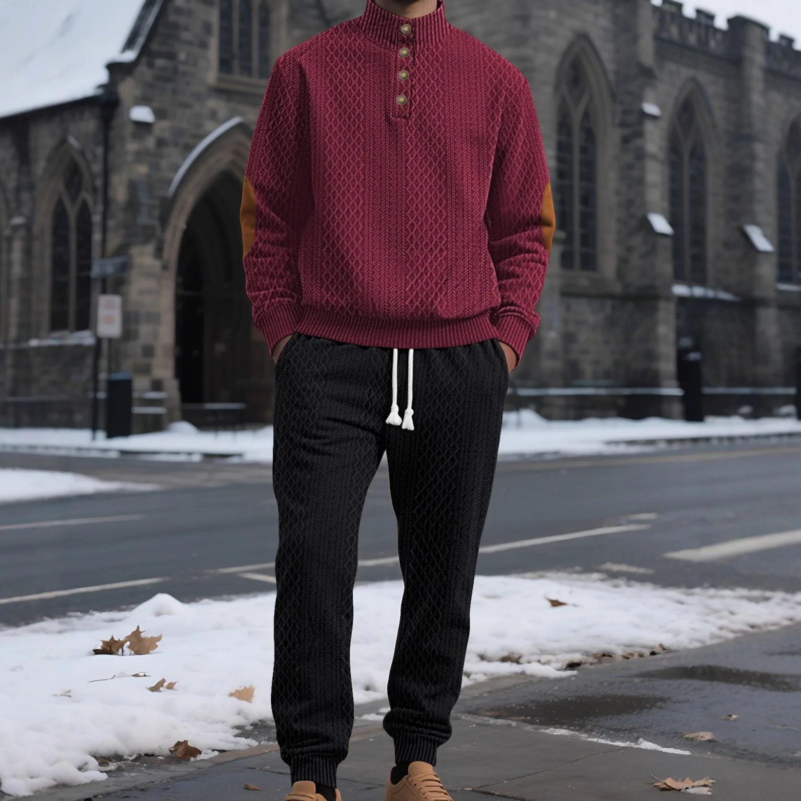 

Spor Casual Long Sve Мужская толстовка с высоким воротником и брюками, комплект однотонной вышивки, удобная смесь полиэстера