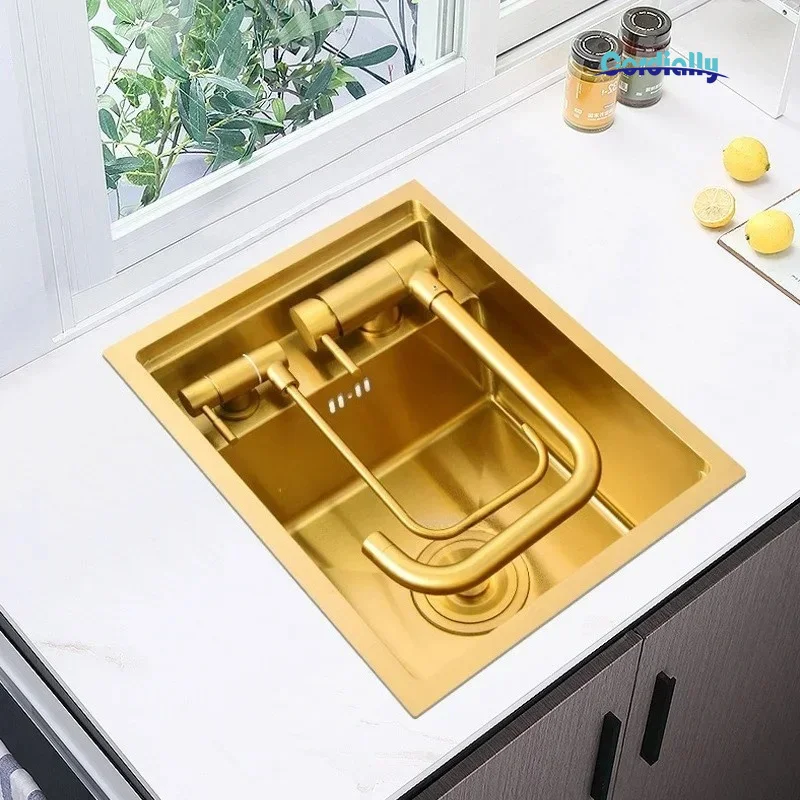 Gold Nano Stainless Steel Kitchen Sink Handmade Single Bowl Bar Counter Wash Basin with Cover Compact