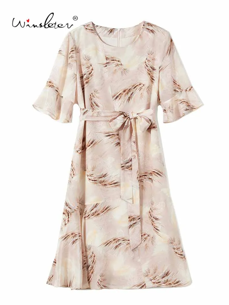 

Winsleter-Women 100%Real Silk Elegant Dress, O Neck Half Sleeve Print, Temperament OL Commute Dresses, 2025 Summer New D57540CC