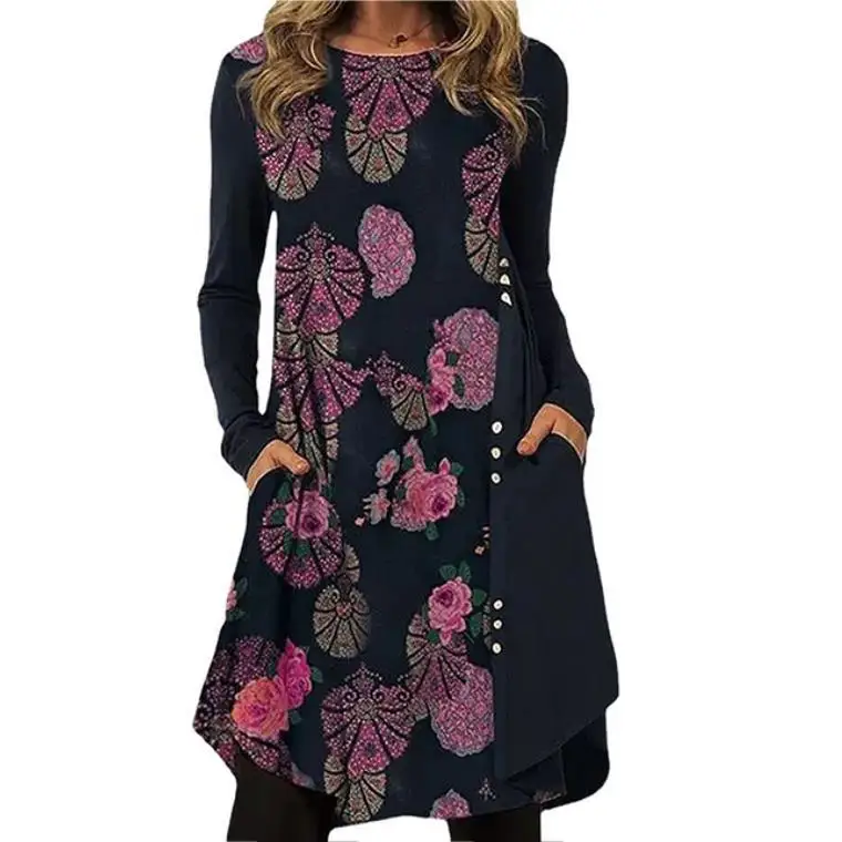 Women Loose Vintage Ruffles Pocket Winter Dress 5XL Printed Full Long Sleeve Spring Boho Casual Party Dresses