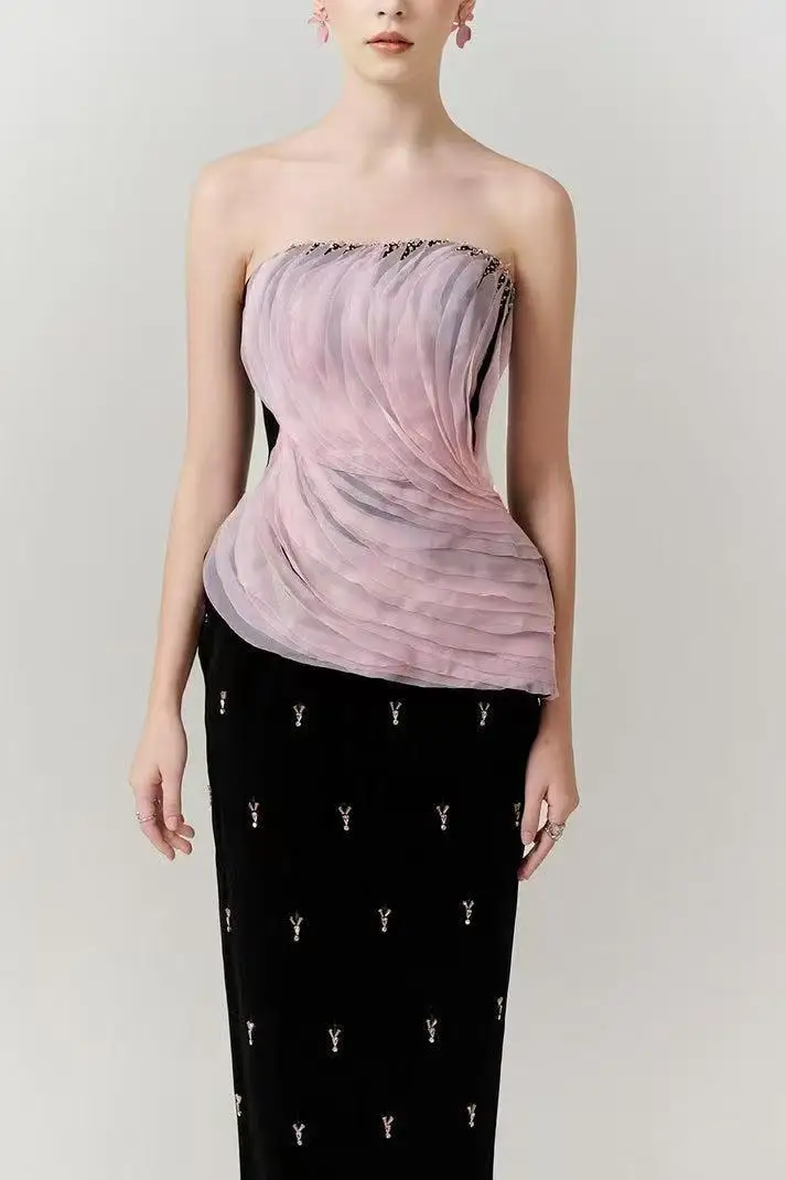 Customized Evening Dress Strapless Pink Pleated Tulle Overlay Black Velvet Midi Dress with All-Over Crystal Y-Shaped Embellishme