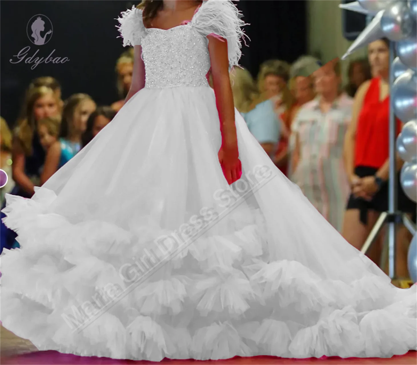 白いふわふわ羽美しいフラワーガールのドレス結婚式ページェントプリンセス誕生日パーティー美人コンテスト聖体拝領ドレス