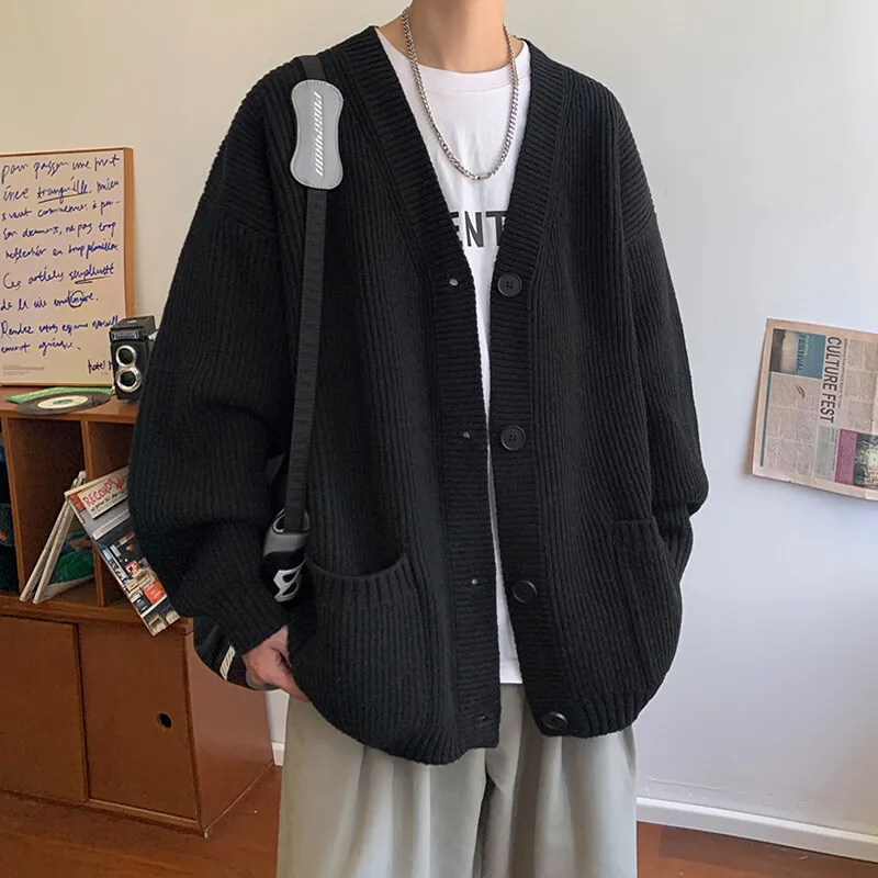 Giacca maglione di lana con scollo a V cardigan stile coreano, maglione di lana sciolto casual monopetto a maniche lunghe alla moda