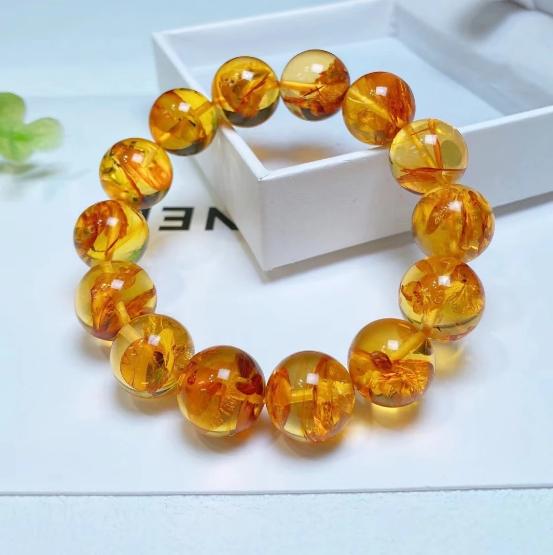 Natural Yellow Piebald Clear Round Beads Bracelet Women Men 15.5mm Big Size Stretch Crystal Round Amber Bracelet Jewelry AAAAA