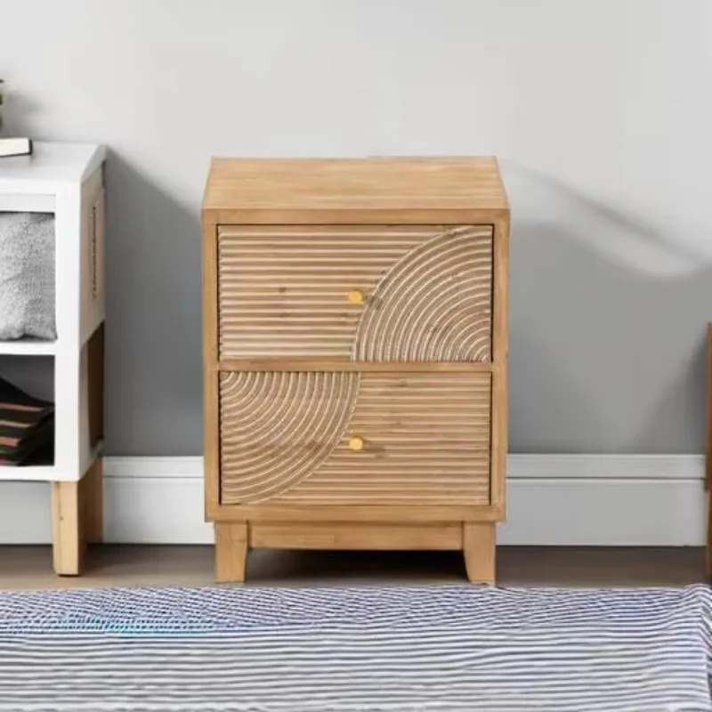 Farmhouse 2 Drawer Nightstand with Handcrafted Wood Ring Pattern | Bedside Table, Rattan Nightstand Alternative, Solid
