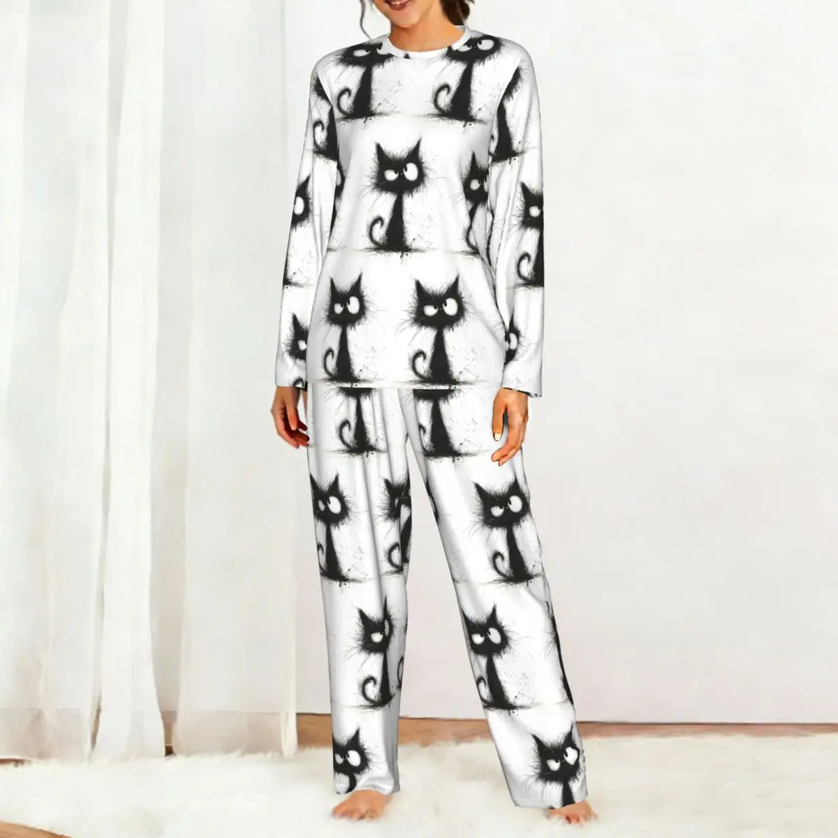 Abstract Cartoon Black Cat Round Neck Long Sleeve Nightgowns for Sleeping Sleepshirts Women Soft Pajama Set Long Pants