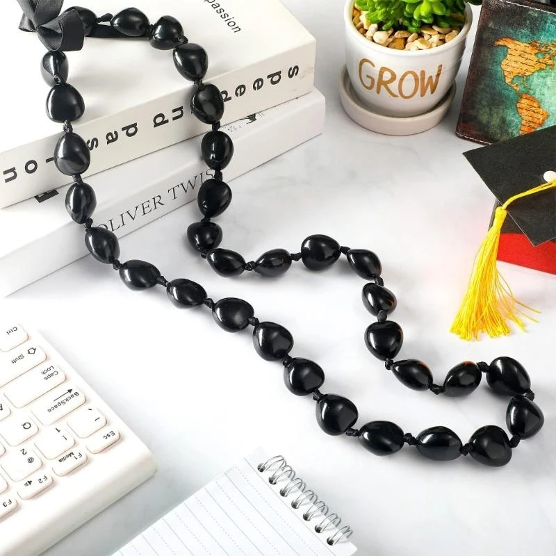 Graduation Black Kukui Nut Leis Necklace Ribbon-Bow Tie Closure Adjustable Acrylic Bead Clavicle Chain for High School