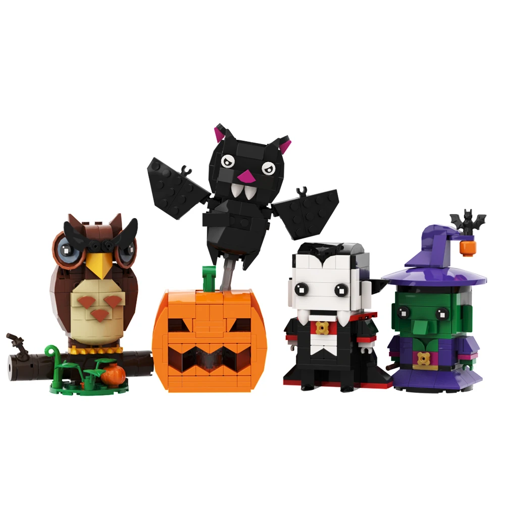 MOC-Juego de cuatro bloques de construcción con cabeza de ladrillo para Halloween, modelo de búho, bruja, Zombie, calabaza, linterna, murciélago, serie de terror, juguete para regalo