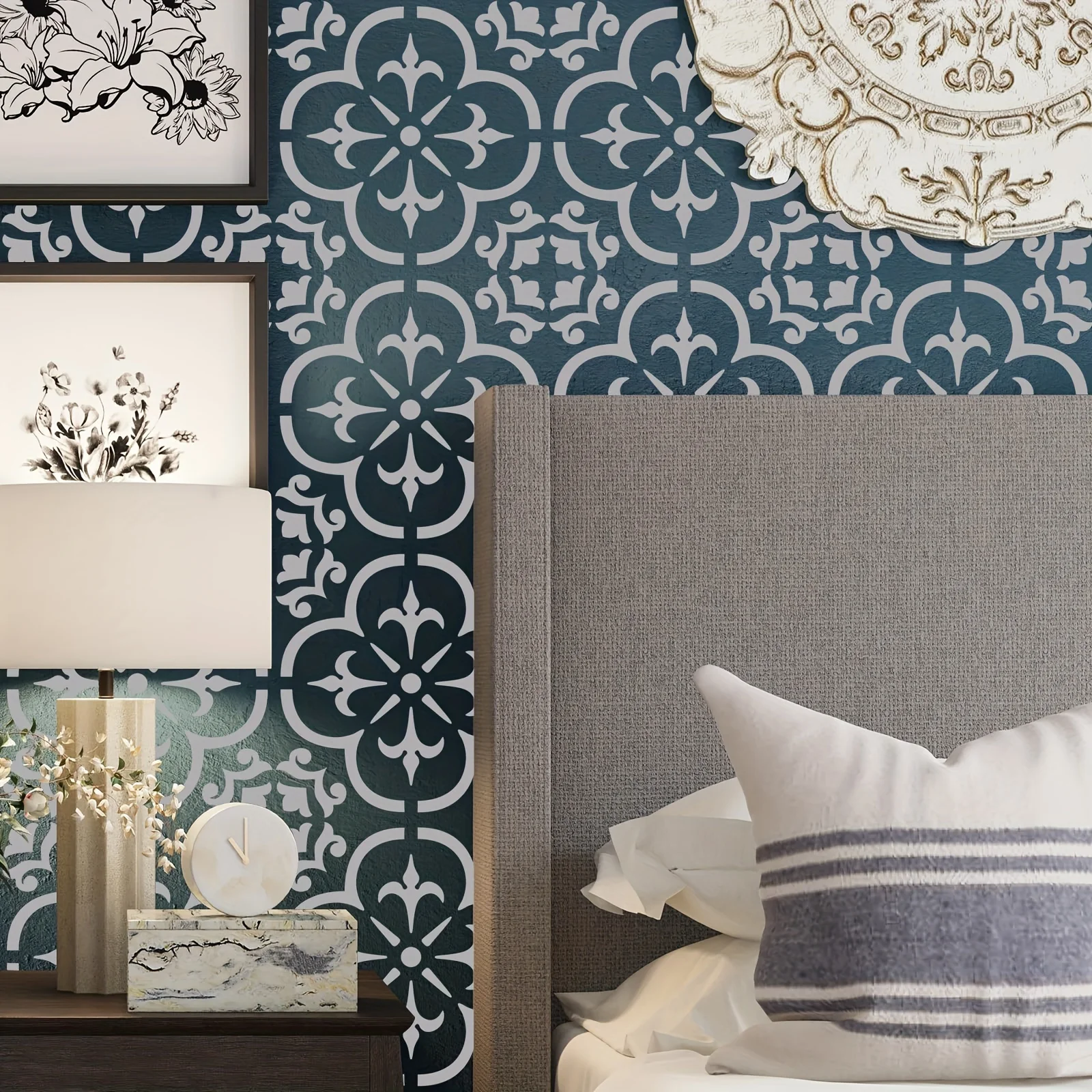 4 قطع استنسل بلاط مقاس 12 × 12 بوصة لطلاء أثاث الحائط على الأرض - مجموعة قوالب قابلة لإعادة الاستخدام بنمط ماندالا المكسيكي