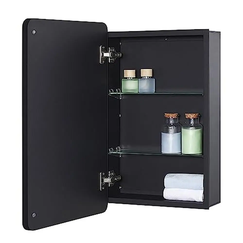 Round Corner Black Medicine Cabinet with Beveled Edge Mirror Adjustable Shelves Modern Aluminum Bathroom Storage 15x25 inch