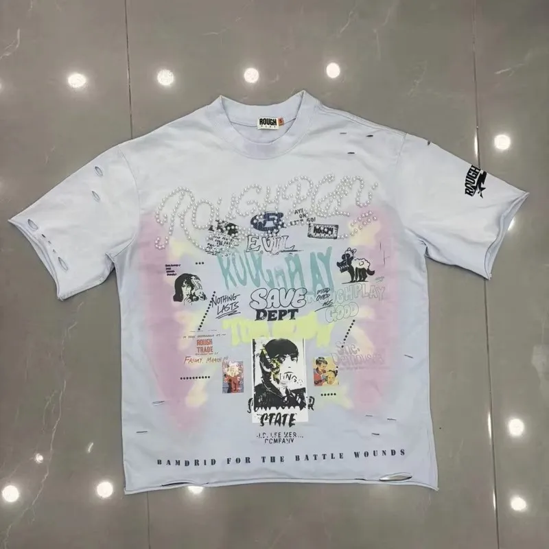 Summer Street Rough Play T-shirt High Quality Men's Round-Neck Ripped Short Sleeve Vintage Casual Loose Tshirt