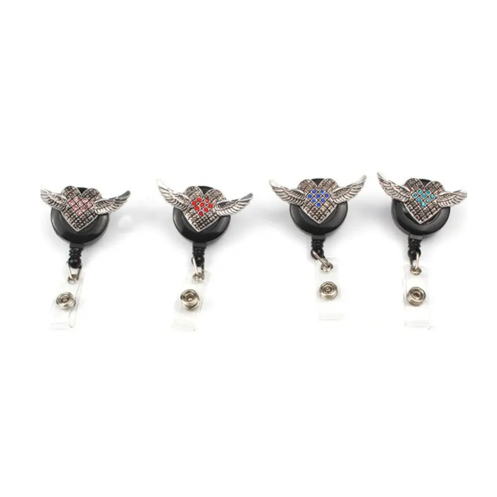 Wing Shaped Pink Retractable Badge Reel Id Sleeve Buckle Round Rhinestone Clip Easy Pull Buckle for Business Office Nurses