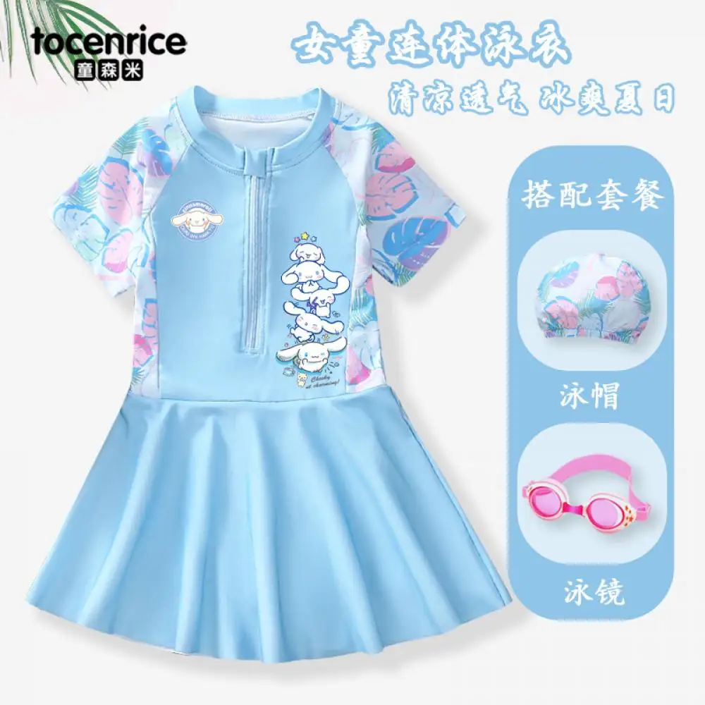 

Cinnamoroll Children's Swimsuit Sanrios Girls Cartoonone-Piece Short-Sleeved Skirt Quick Dry Swimwear Sweet Sunscreen Beachwear