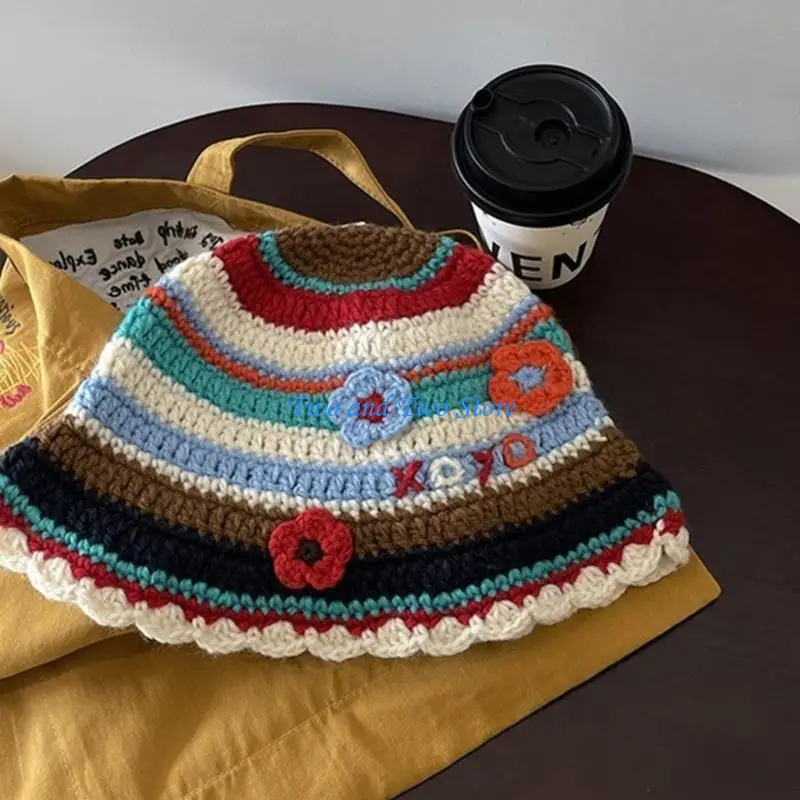 

HX6F Knitted Bucket Hat for Women Y2K Stripe Flower Hat Elegant Knitting Yarn Hat Fashion Fisherman Hat Teens Headwear