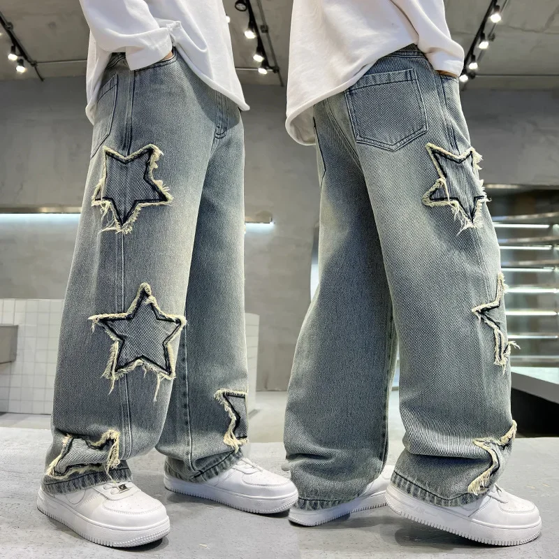 Boys Five Star Jeans 2024 New Spring Autumn Embroidery Patch Design Sense Straight Loose Fried Street Pants KIds Denim Trousers