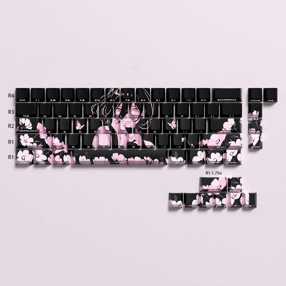 1 Set Reze Theme Keycaps PBT Side Printed Backlit Anime Cartoon Gaming Key Caps Cherry Profile Keycap For 60/63/64/68 Layout