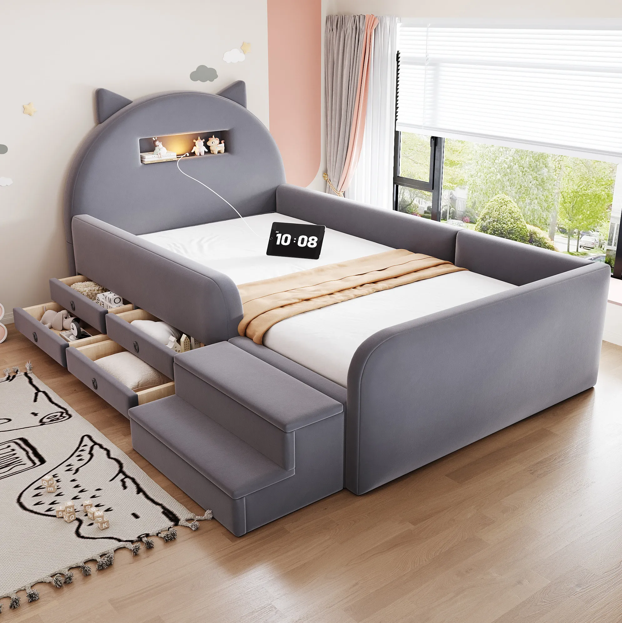 Cama infantil tapizada de 90x200 cm con tela de terciopelo, cabecero en forma de oreja, cajones de almacenamiento, luz nocturna y puerto USB, gris oscuro
