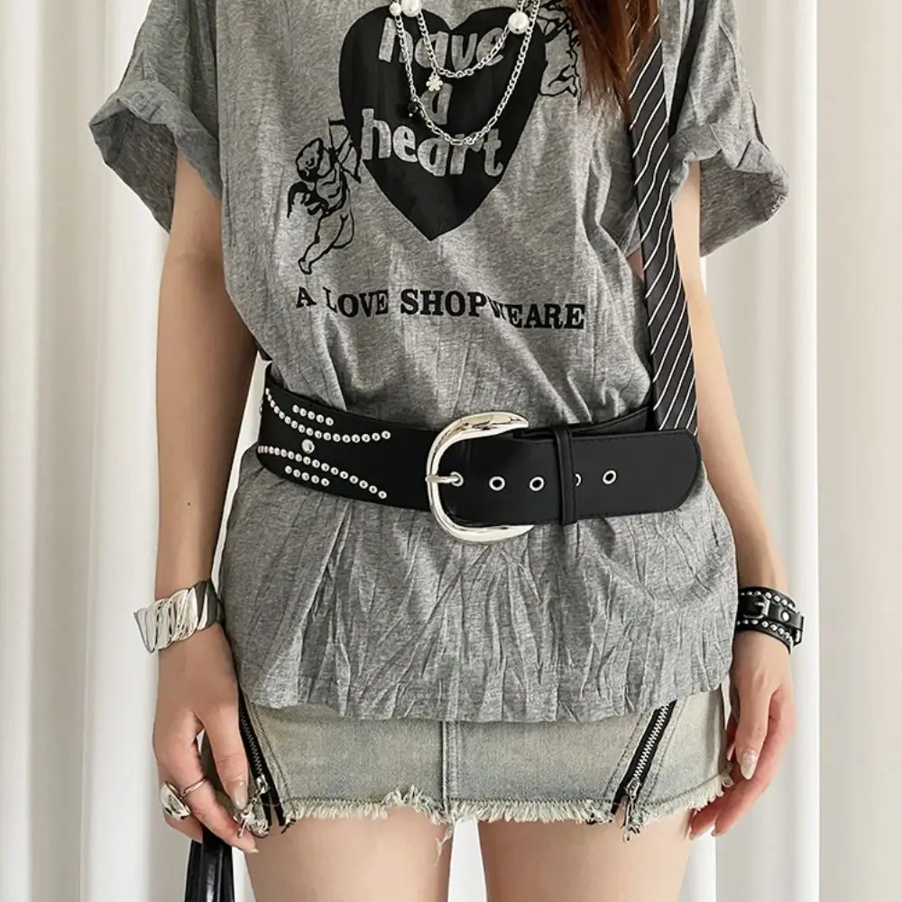 تنوعا الكورية المرأة حزام خصر القوطية الجلود برشام حزام عريض أسود أبيض Y2k فستان حزام جينز تنورة الإكسسوار