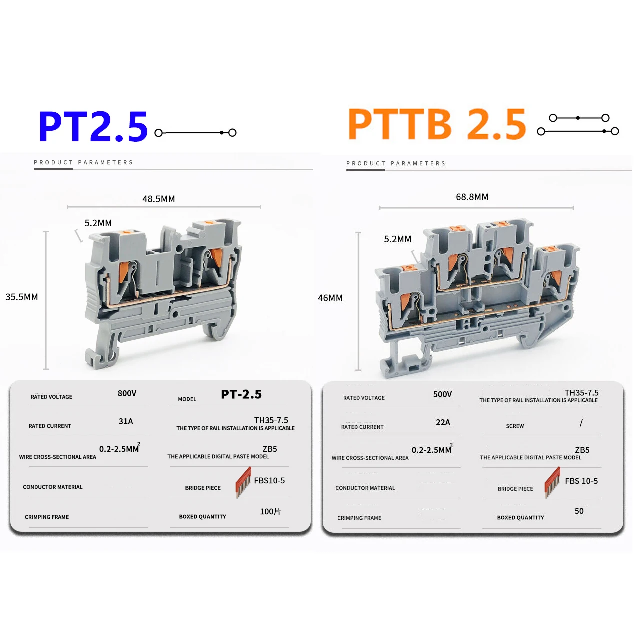 PT 2.5 Push-in Type Spring Crimping DIN Rail Terminal Blocks Kit Set 31A 800V