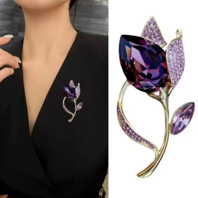Vintage Luxury Women's Purple Crystal Tulip Brooch Elegant Lapel Pin Stylish Suit Accessory Ideal Party Jewelry Gift