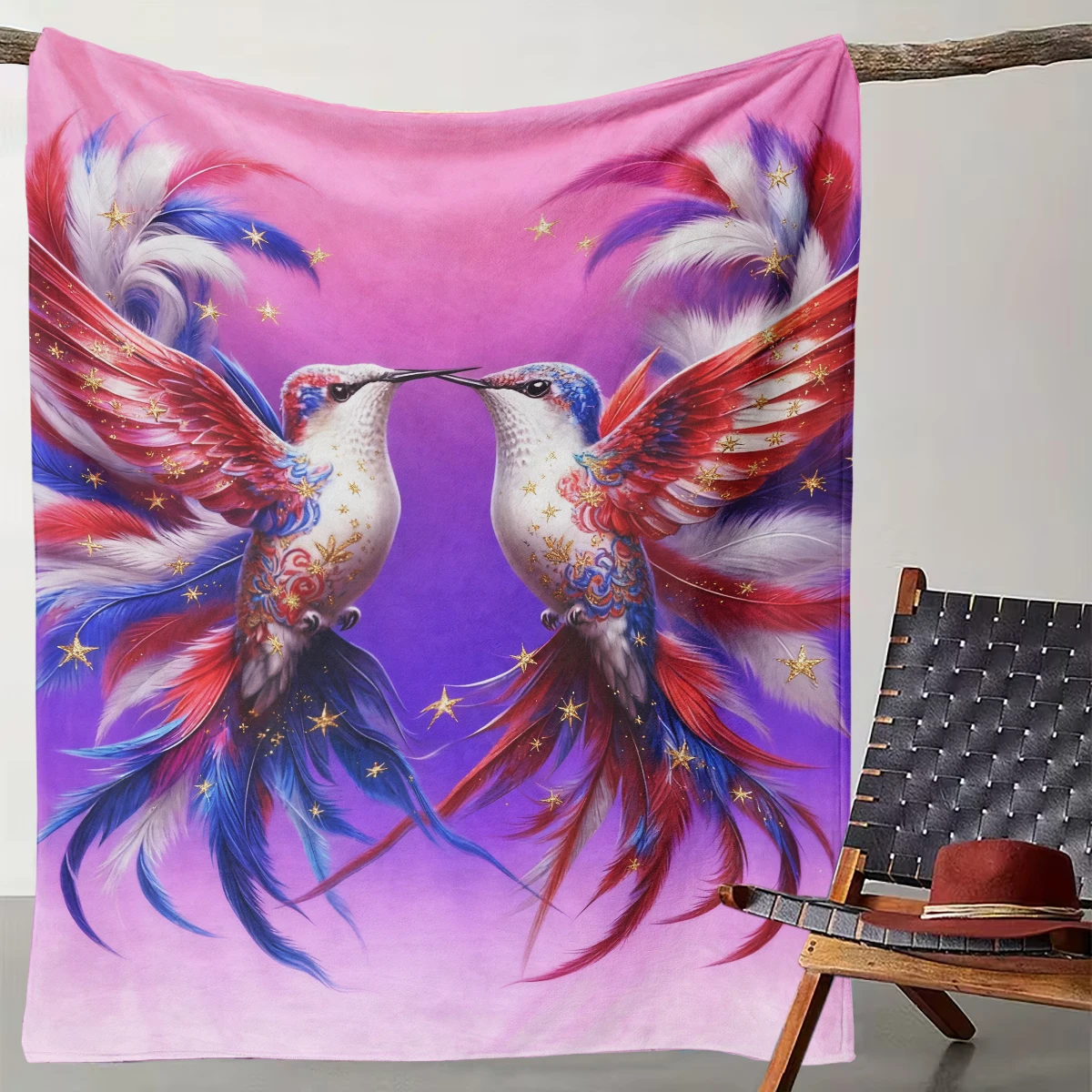 

1 Romantic Star Decoration Hummingbird Couple Art Blanket, American Dreamy Bedroom Warm Blanket