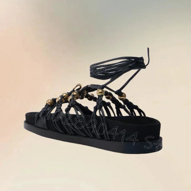 Metal Circle Beads Brown Knitted Design Twine Sandals Lace Up Women Shoes Low Top Party Banquet Dating 2025 Zapatos Para Mujere