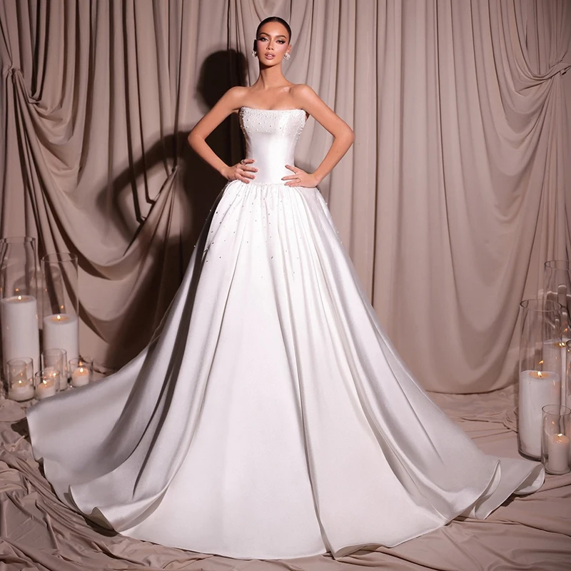 Eightree Elegant A-Line Wedding Dresses Strapless Pearls Backless Satin Bridal Dress Princess Wedding Ball Prom Gowns Customized