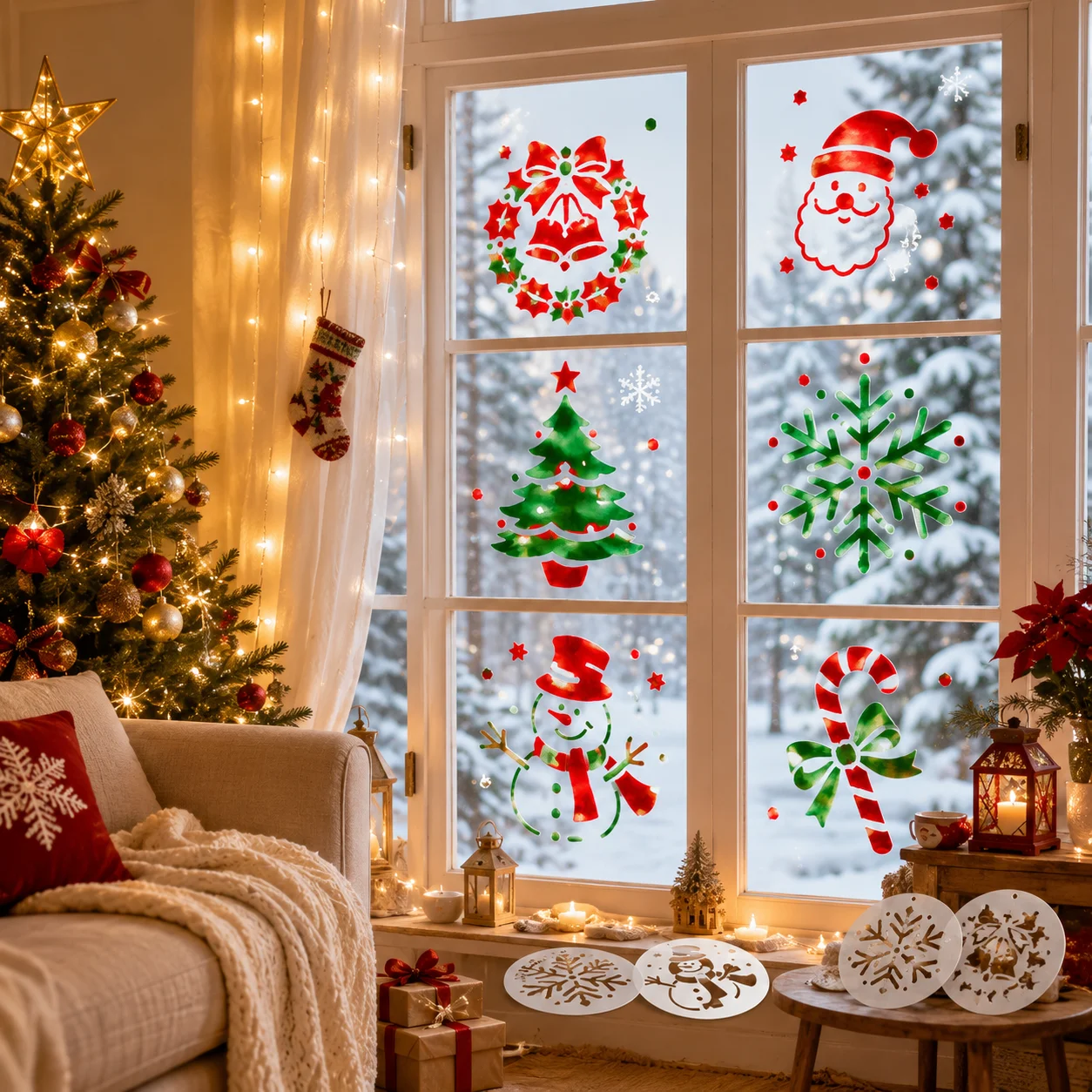 8Pcs Christmas Ornament Stencils Reusable PET Xmas Tree Santa Snowflake Painting Templates DIY Window Mug Wood Holiday Decor