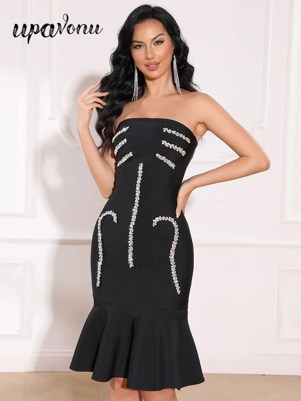 Robe de banquet mi-longue sans bretelles pour femmes, robe de banquet, bandeau, queue, léger, diamant, sexy, luxe, 2025