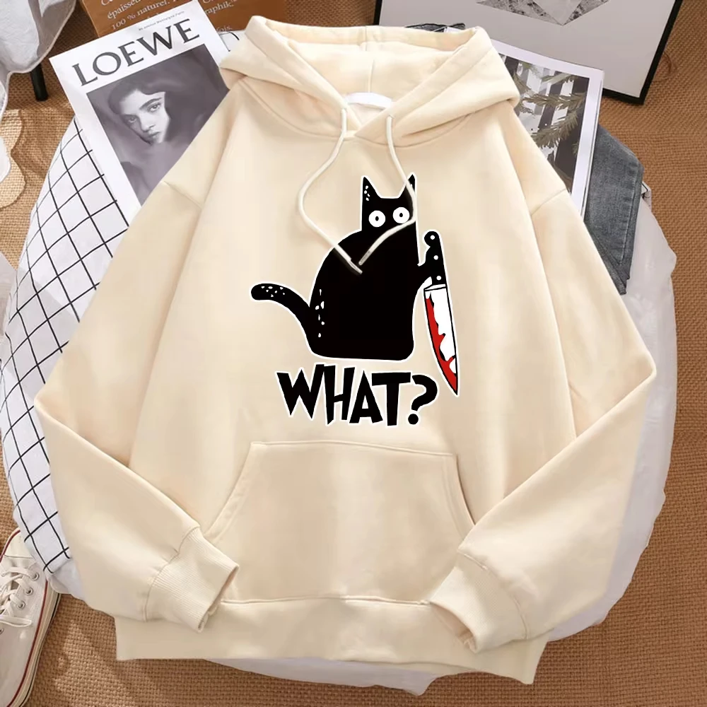 

What Cute Little Black Cat Holding A Knife Men Hoodie Street Fleece Hoody Hipster Autumn Sweatshirt Hip Hop Clothing Woman