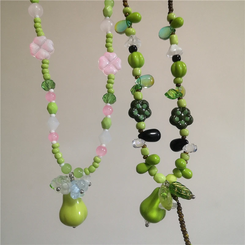 Neue Sommerliche Niedliche Grüne Frucht-Blumen-Anhänger Perlen-Choker-Halsketten für Frauen Vintage Harajuku Y2K Ästhetischer Schmuck Accessoires