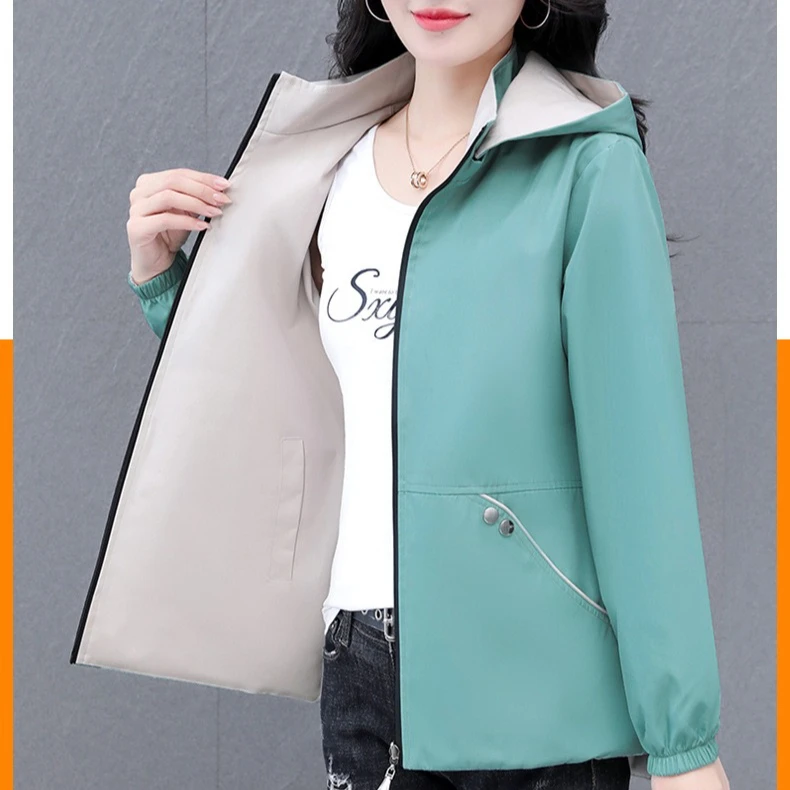 المرأة على الوجهين خندق معطف 2025 معطف ربيع الخريف موضة فضفاضة مقنعين سترة غير رسمية متعددة الاستخدامات الإناث سترات واقية ملابس خارجية